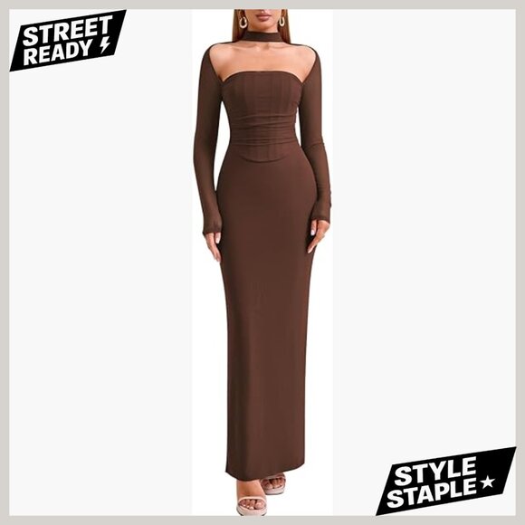 Long Sleeve Maxi Dress Halter Neck Bodycon Formal Wedding Guest